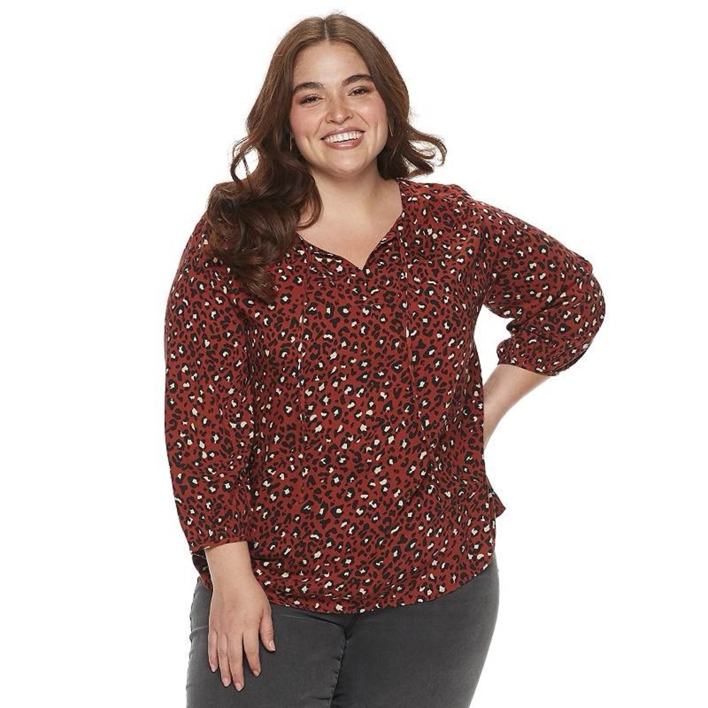 Evri Challis Splitneck Burnt Orange Peasant Leopard Blouse‎